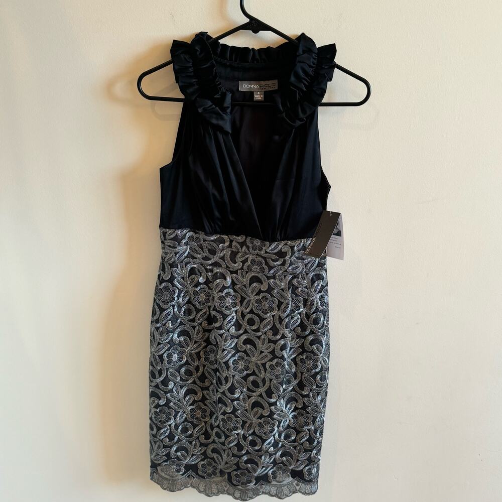New Donna Ricco Womens 4 Cocktail Dress Black Silver Lace Plunge Ruffle Feminine